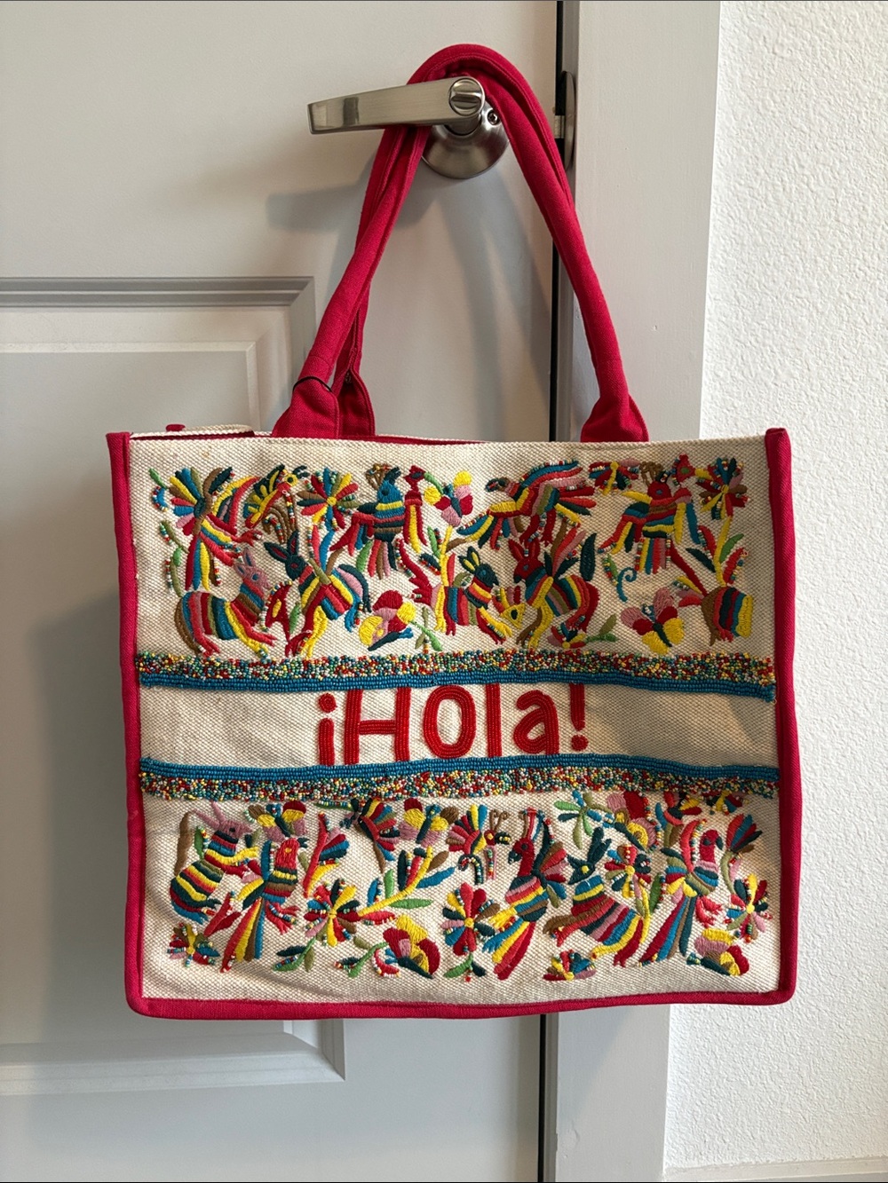 Embroidered Canvas Tote Bag in Red Trim